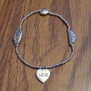 Silver-Tone Heart 'LOVE' Charm Beaded Bracelet for Women